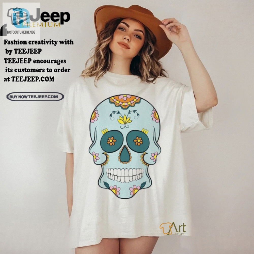 Get Spooked  Stylish Sea Blue Floral Sugar Skull Tee