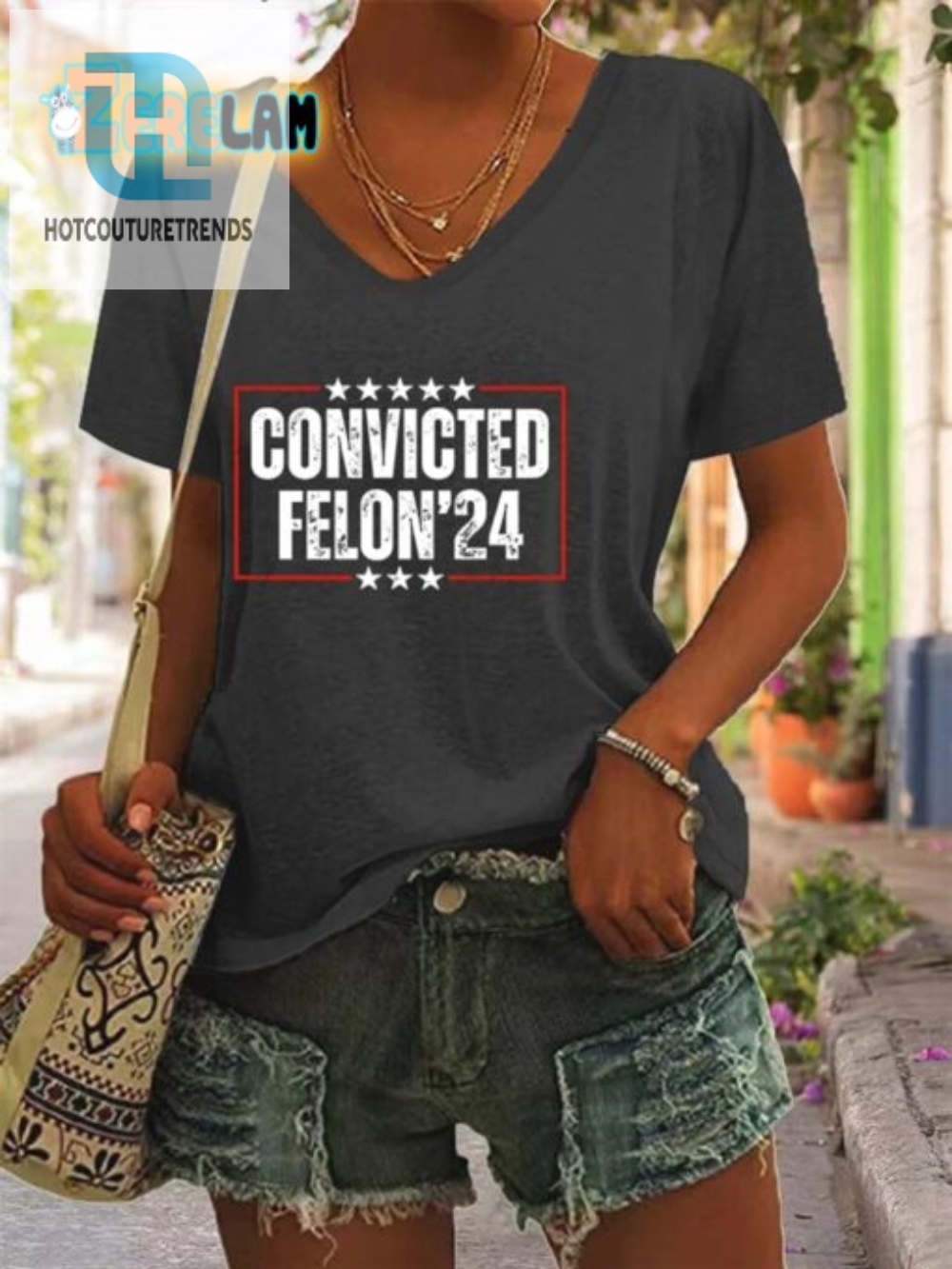 Funny Womens V Neck Tshirt  Convicted Felon Print