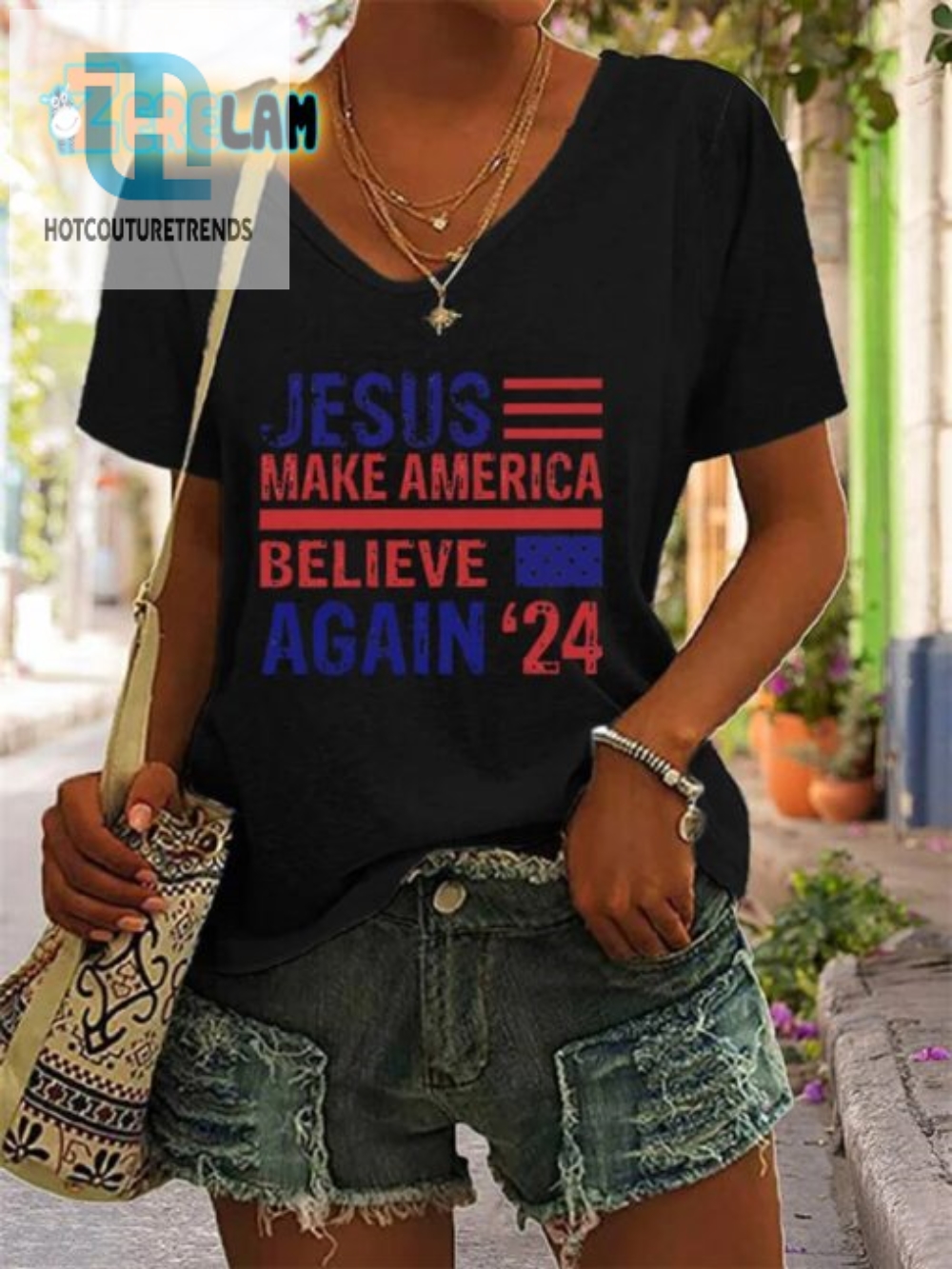 Funny Womens Jesus Vneck Make America Believe Again Tee