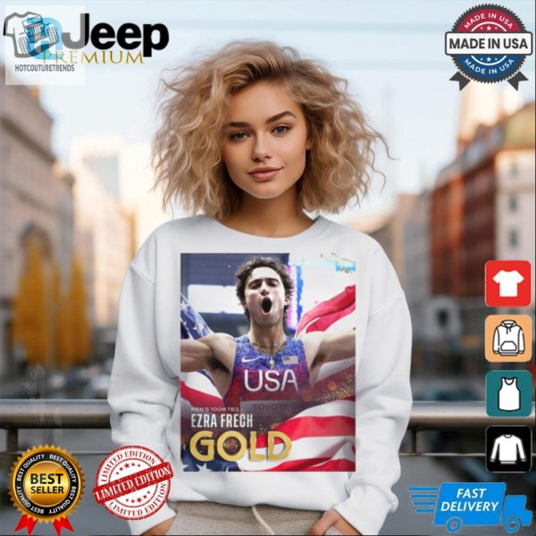 Ezra Frech Gold Tshirt Paris 2024 Poster Mens 100M T63 Fun hotcouturetrends 1