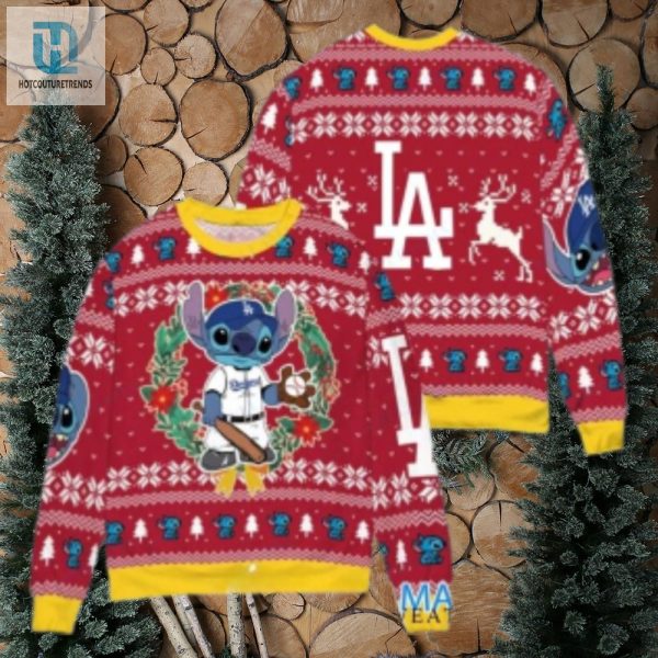 Stitch Dodgers Christmas Ugly Sweater Red And Yellow hotcouturetrends 1