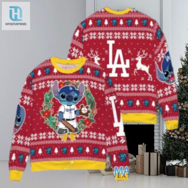 Stitch Dodgers Christmas Ugly Sweater Red And Yellow hotcouturetrends 1 1