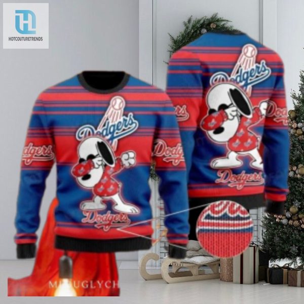 Snoopy Dabbing Dodgers Red And Blue Striped Ugly Sweater hotcouturetrends 1 1