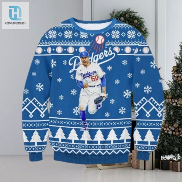 Mookie Betts Running Dodgers Snowflake Christmas Sweater hotcouturetrends 1 1