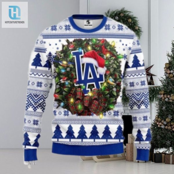 La Dodgers Logo With Santa Hat Wreath Christmas Sweater hotcouturetrends 1 1