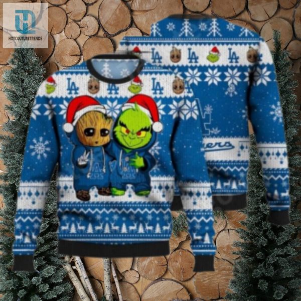 La Dodgers Baby Groot And Grinch Ugly Christmas Sweater hotcouturetrends 1