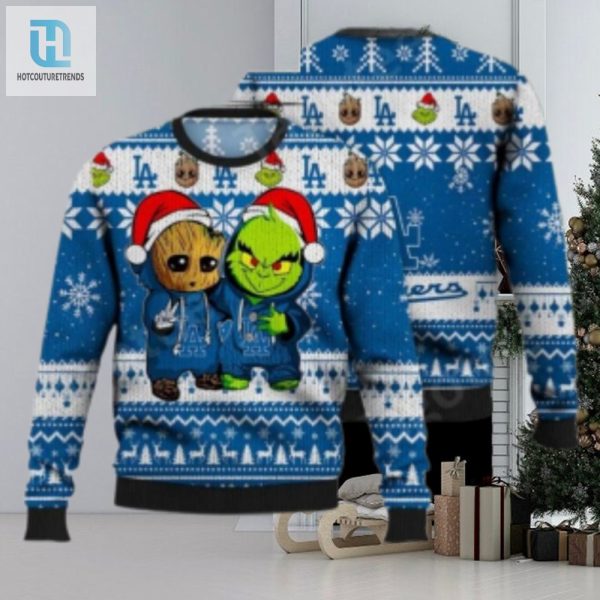 La Dodgers Baby Groot And Grinch Ugly Christmas Sweater hotcouturetrends 1 1