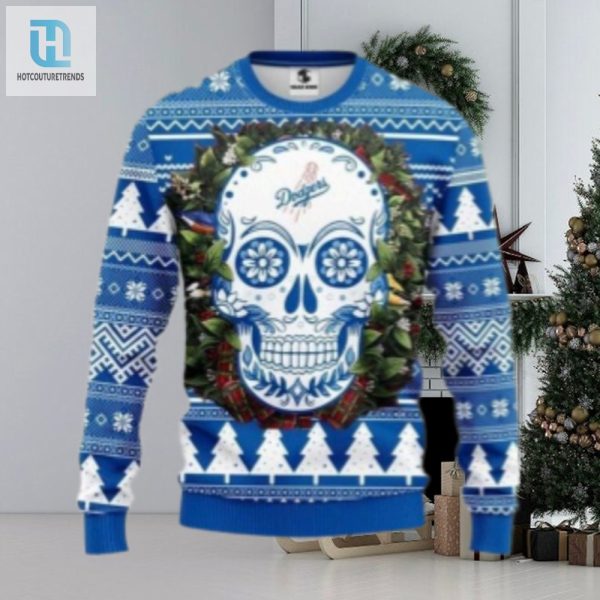 Dodgers Day Of The Dead Skull Ugly Christmas Sweater hotcouturetrends 1 1