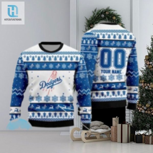 Custom Name Dodgers Ugly Christmas Sweater With Snowflakes hotcouturetrends 1 1