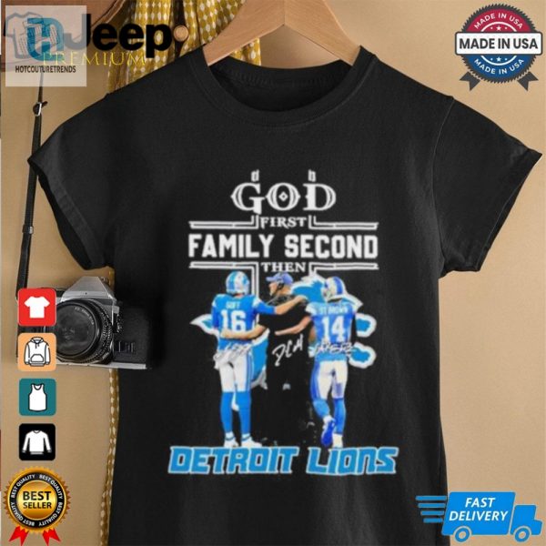 God First Family Second Then Detroit Lions Dan Campbell Amon Ra St. Brown And Jared Goff Shirt hotcouturetrends 1 1