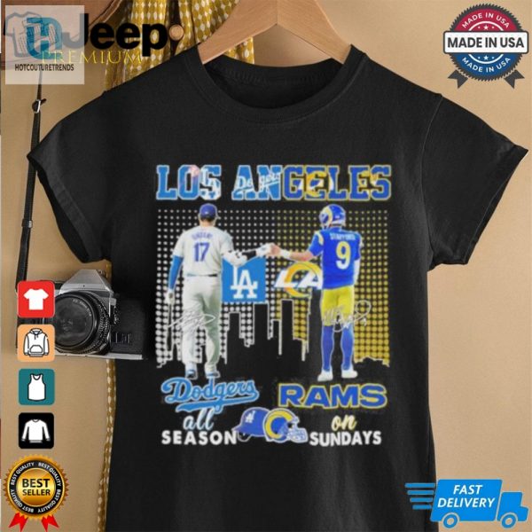 Los Angeles Dodgers Shohei Ohtani On Season X Los Angeles Rams Stafford On Sundays Shirt hotcouturetrends 1 1