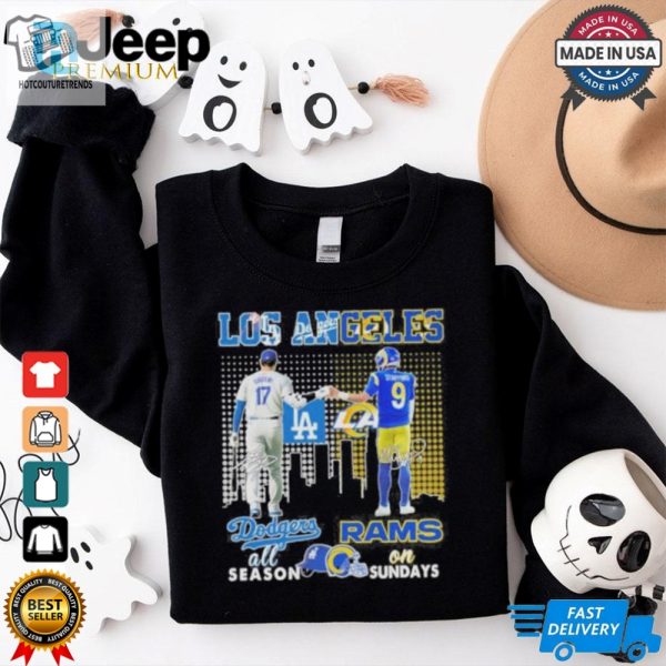 Los Angeles Dodgers Shohei Ohtani On Season X Los Angeles Rams Stafford On Sundays Shirt hotcouturetrends 1 2