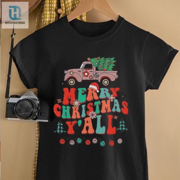 Merry Christmas Yall Santa Retro Red Truck Pajamas Groovy Shirt hotcouturetrends 1