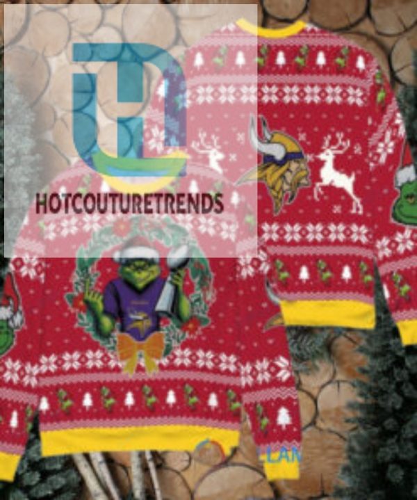 Minnesota Vikings X Grinch Nfl Dr. Seuss How The Grinch Stole Christmas With Super Bowl Trophy Ugly Christmas Sweater Red hotcouturetrends 1