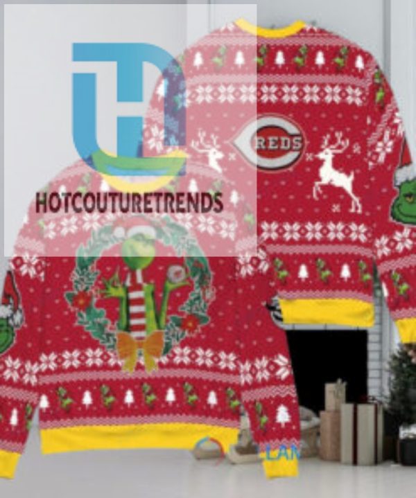 Cincinnati Reds X Grinch Dr. Seuss How The Grinch Stole Christmas Mlb With World Series Trophy Ugly Christmas Sweater Red hotcouturetrends 1 1