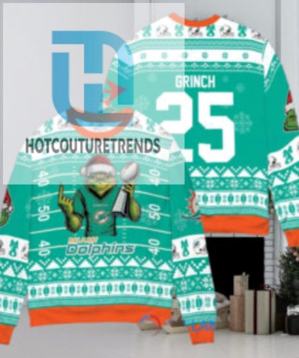 Miami Dolphins X Grinch Christmas Dr. Seuss How The Grinch Stole Christmas With Super Bowl Trophy Custom Ugly Christmas Sweater hotcouturetrends 1 1