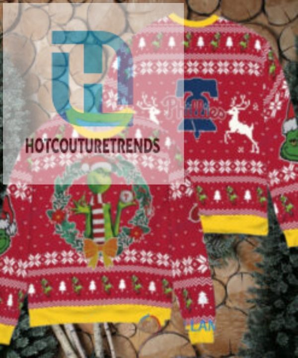 Philadelphia Phillies X Grinch Dr. Seuss How The Grinch Stole Christmas Mlb With World Series Trophy Ugly Christmas Sweater Red hotcouturetrends 1