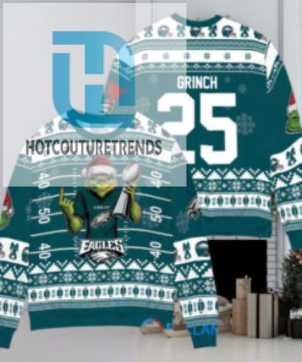 Philadelphia Eagles X Grinch Christmas Dr. Seuss How The Grinch Stole Christmas With Super Bowl Trophy Custom Ugly Christmas Sweater hotcouturetrends 1 1